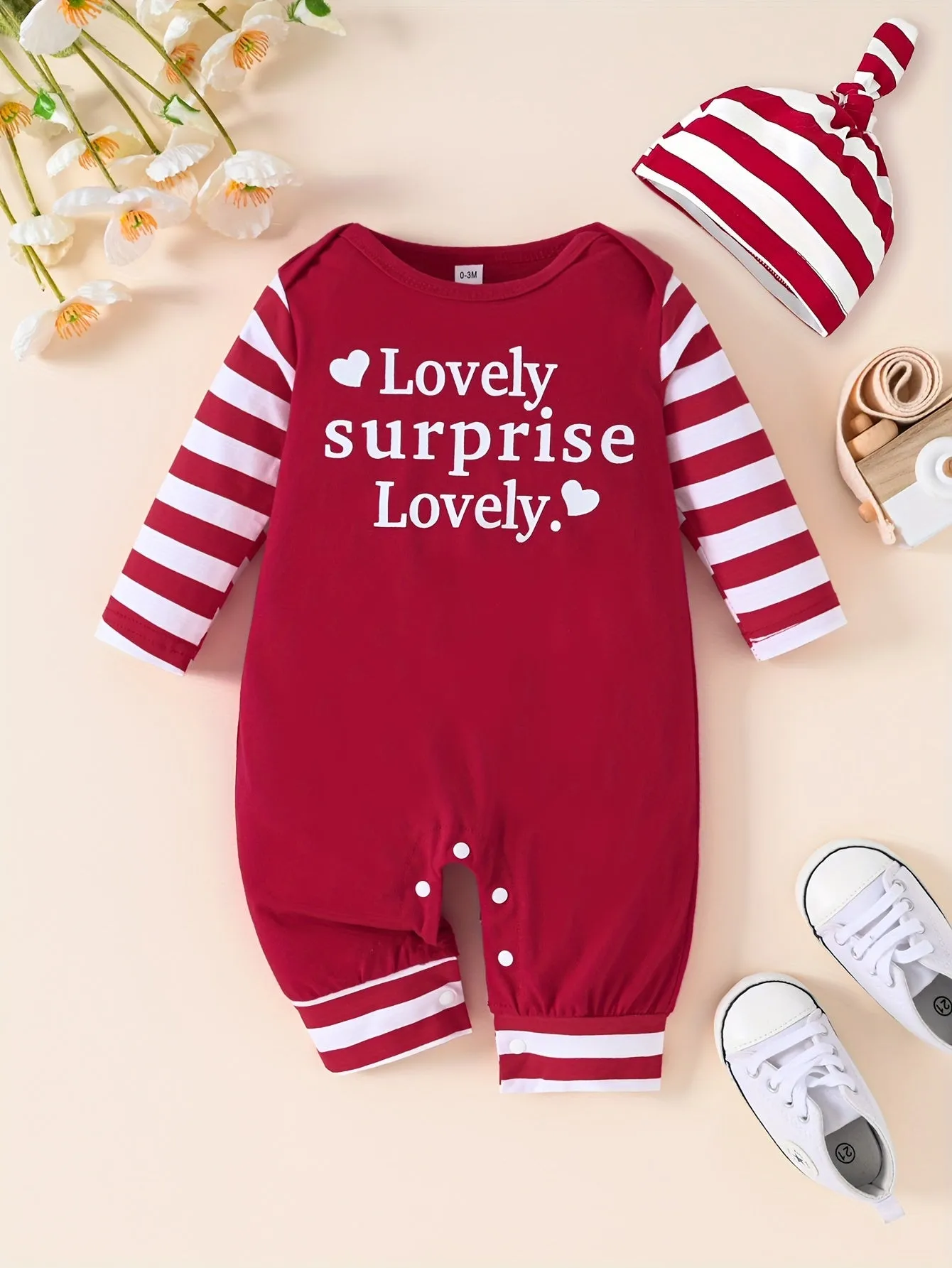 2pcs Set Infant Toddler Long Sleeve Romper & Hat, Letter Print Cute Christmas, Suitable For Outdoor Wear, Spring And Autumn