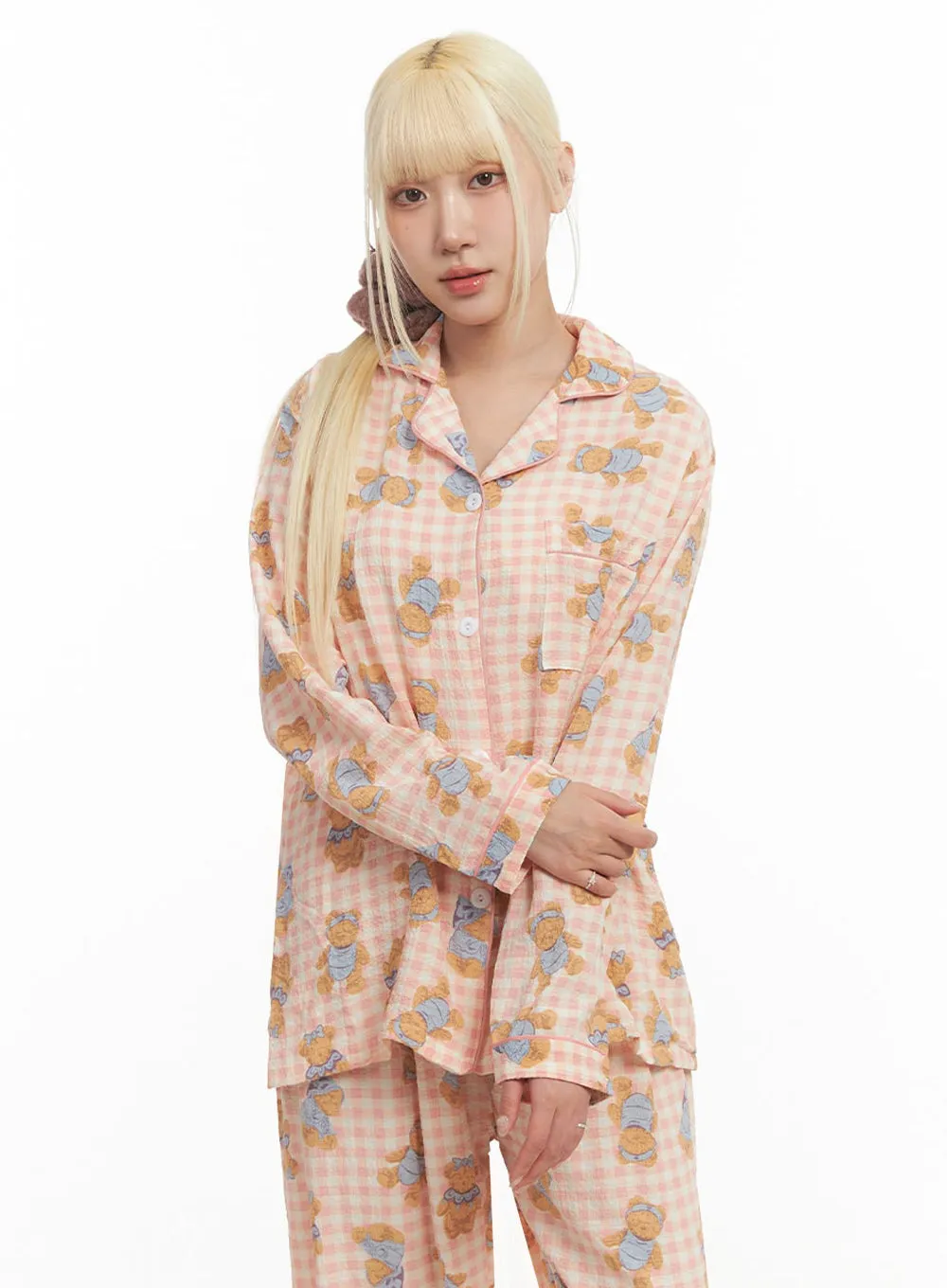 Bear Graphic Checkered Buttoned Pajama Set IM504