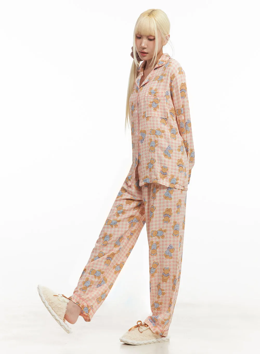 Bear Graphic Checkered Buttoned Pajama Set IM504