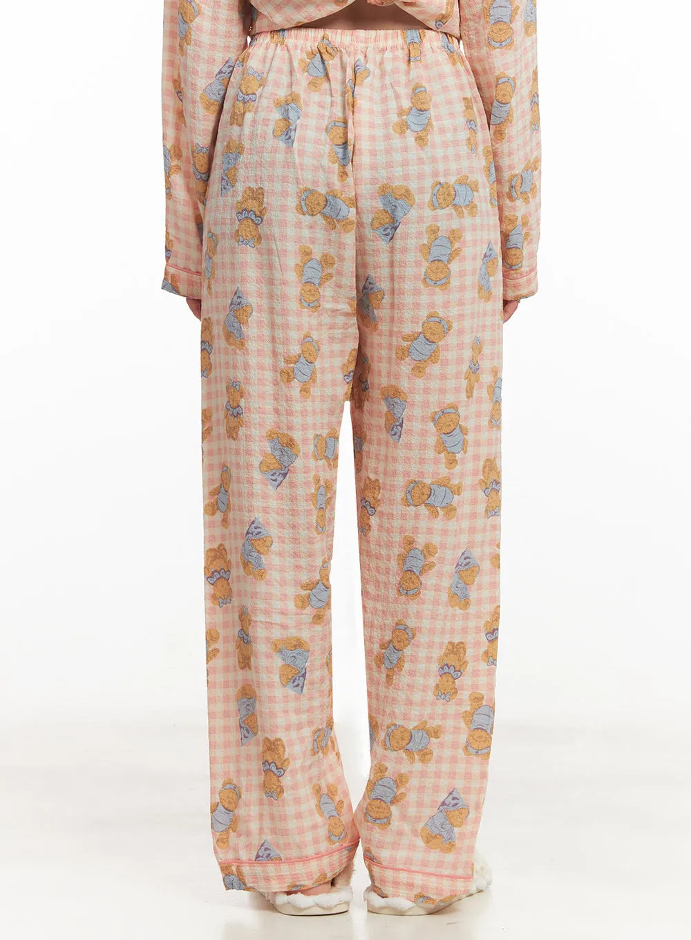 Bear Graphic Checkered Buttoned Pajama Set IM504