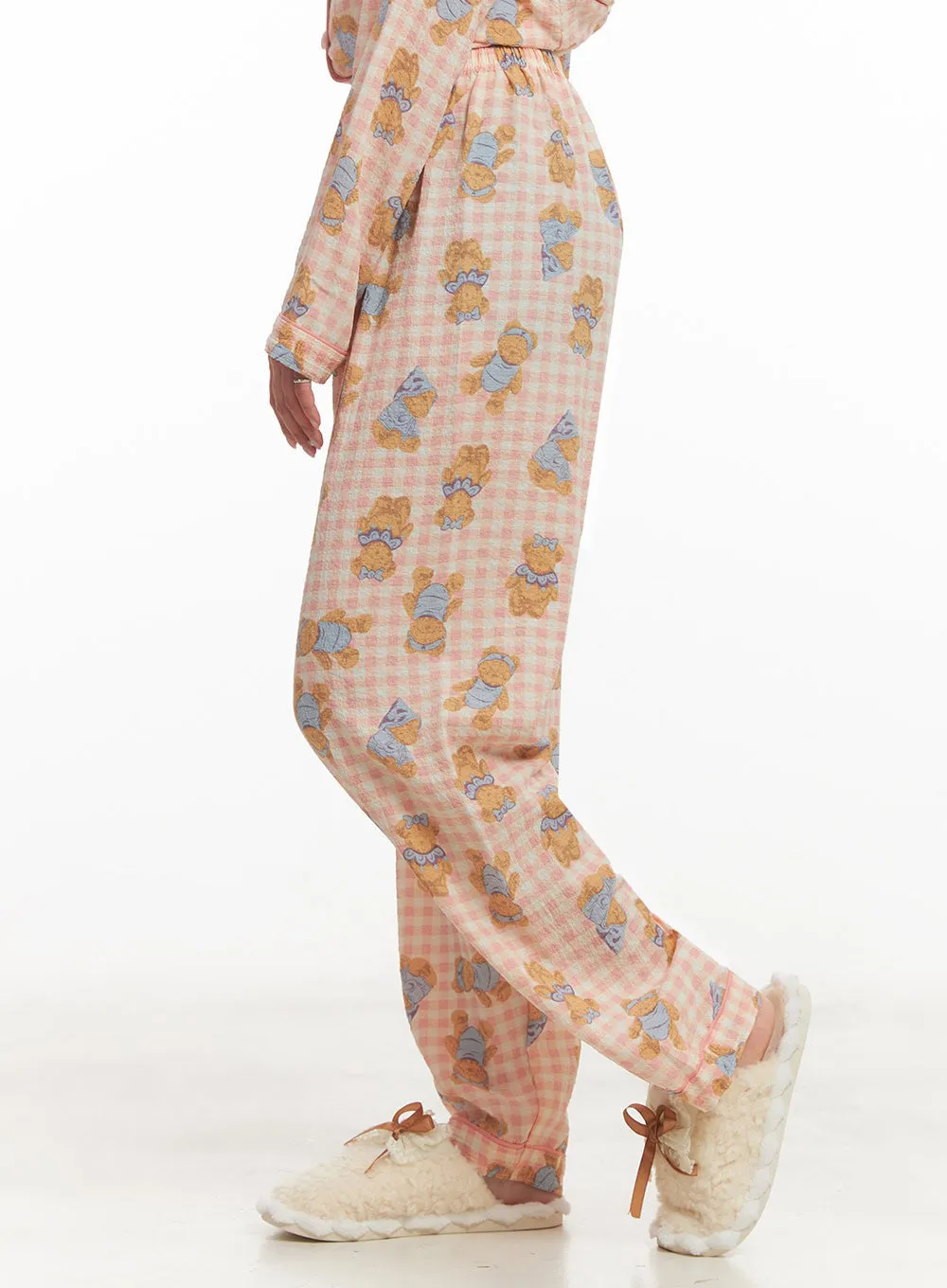 Bear Graphic Checkered Buttoned Pajama Set IM504