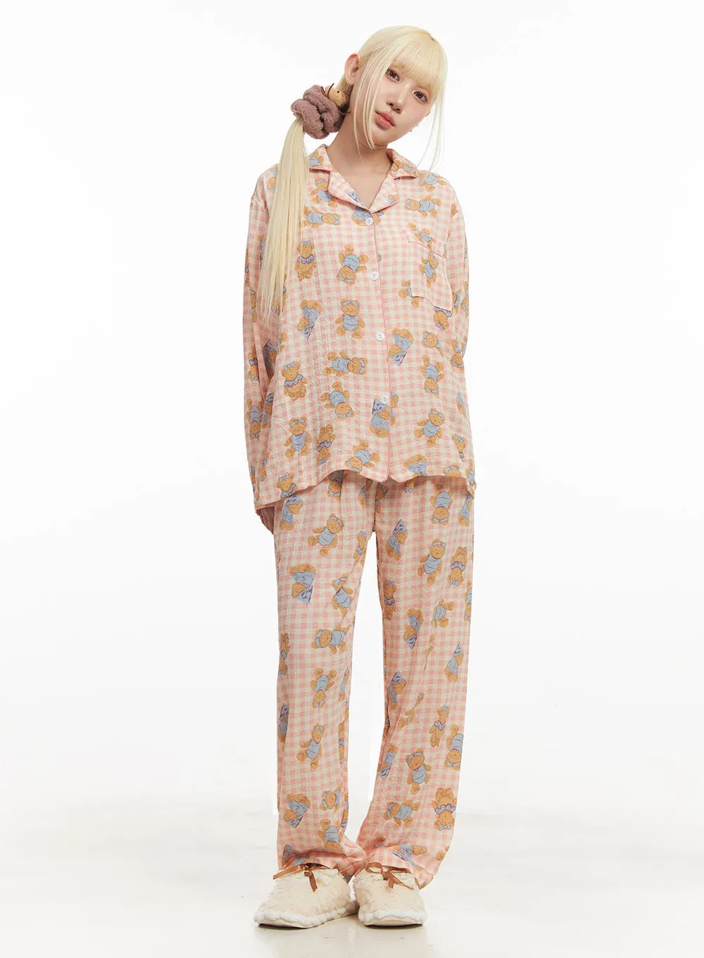 Bear Graphic Checkered Buttoned Pajama Set IM504