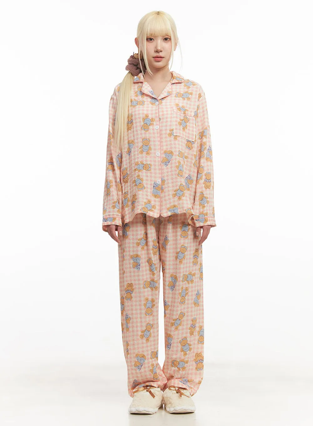 Bear Graphic Checkered Buttoned Pajama Set IM504