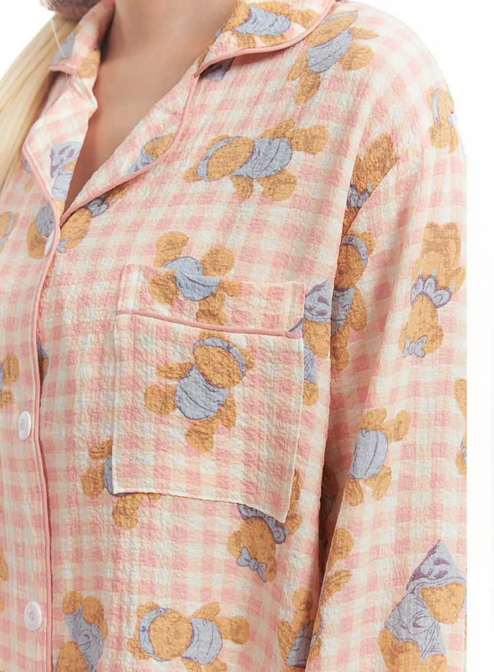Bear Graphic Checkered Buttoned Pajama Set IM504