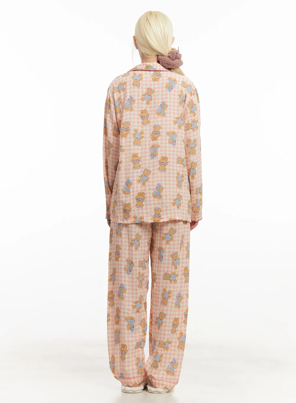 Bear Graphic Checkered Buttoned Pajama Set IM504
