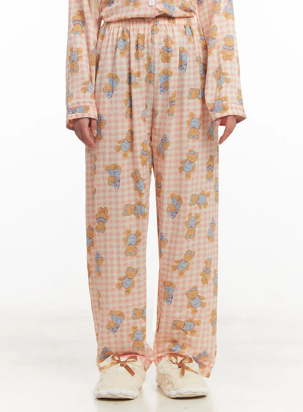 Bear Graphic Checkered Buttoned Pajama Set IM504