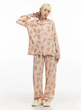 Bear Graphic Checkered Buttoned Pajama Set IM504