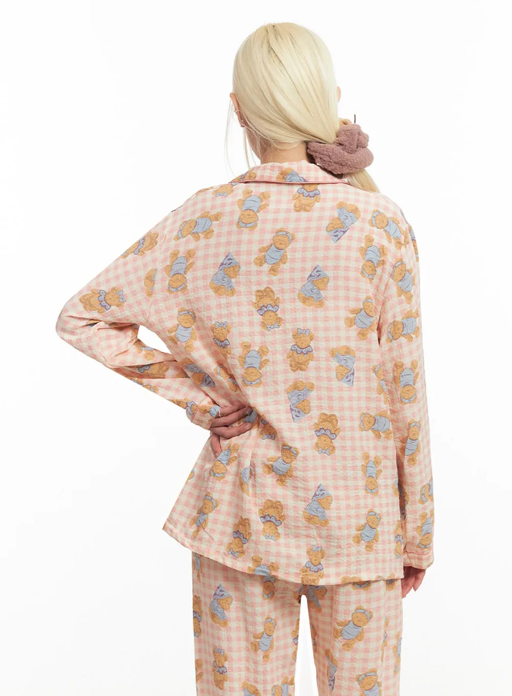 Bear Graphic Checkered Buttoned Pajama Set IM504