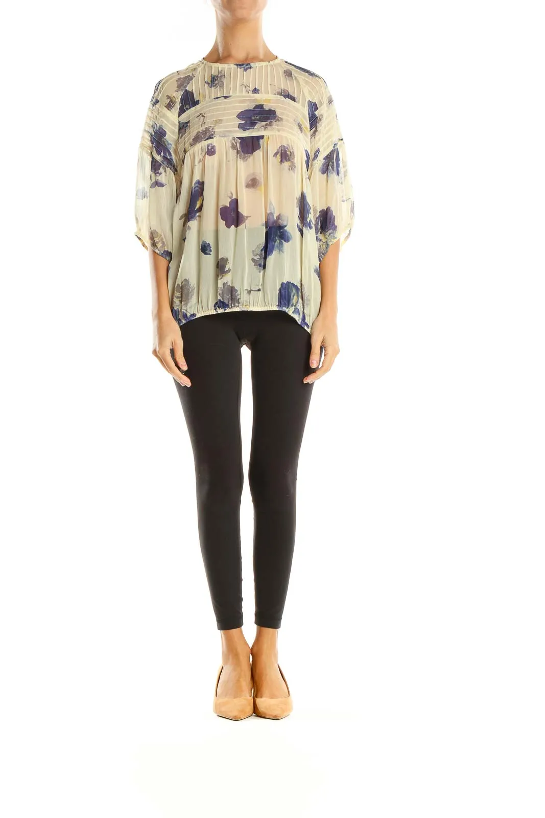 Beige Floral Print Retro Blouse
