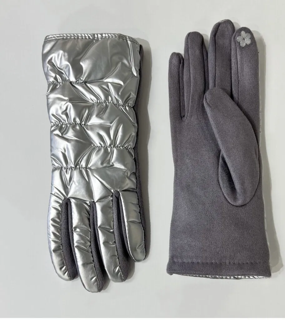 By Chance Metallic Puffer Gloves, Silver, Size: Os