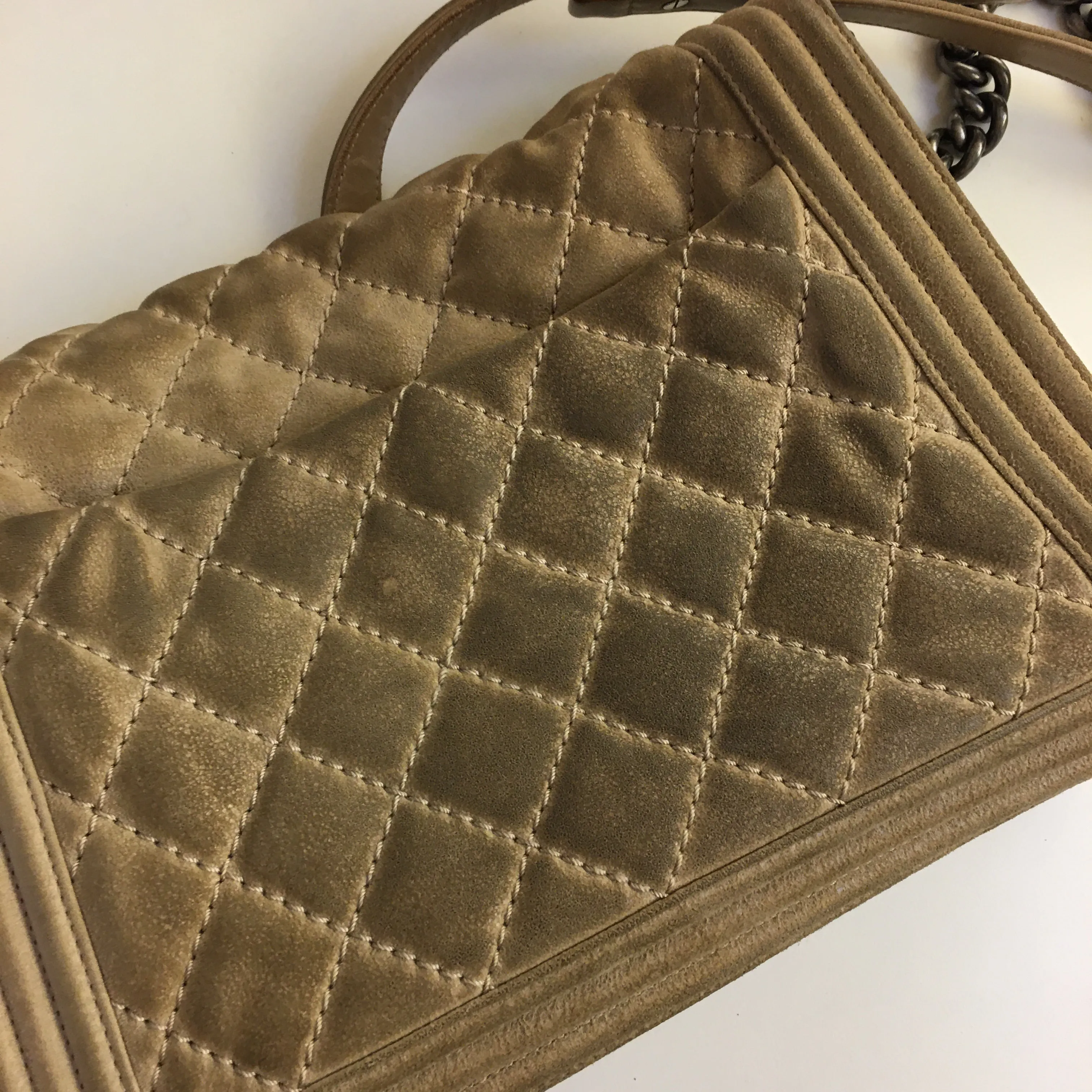 CHANEL Boy Shoulder Bag in Beige Suede