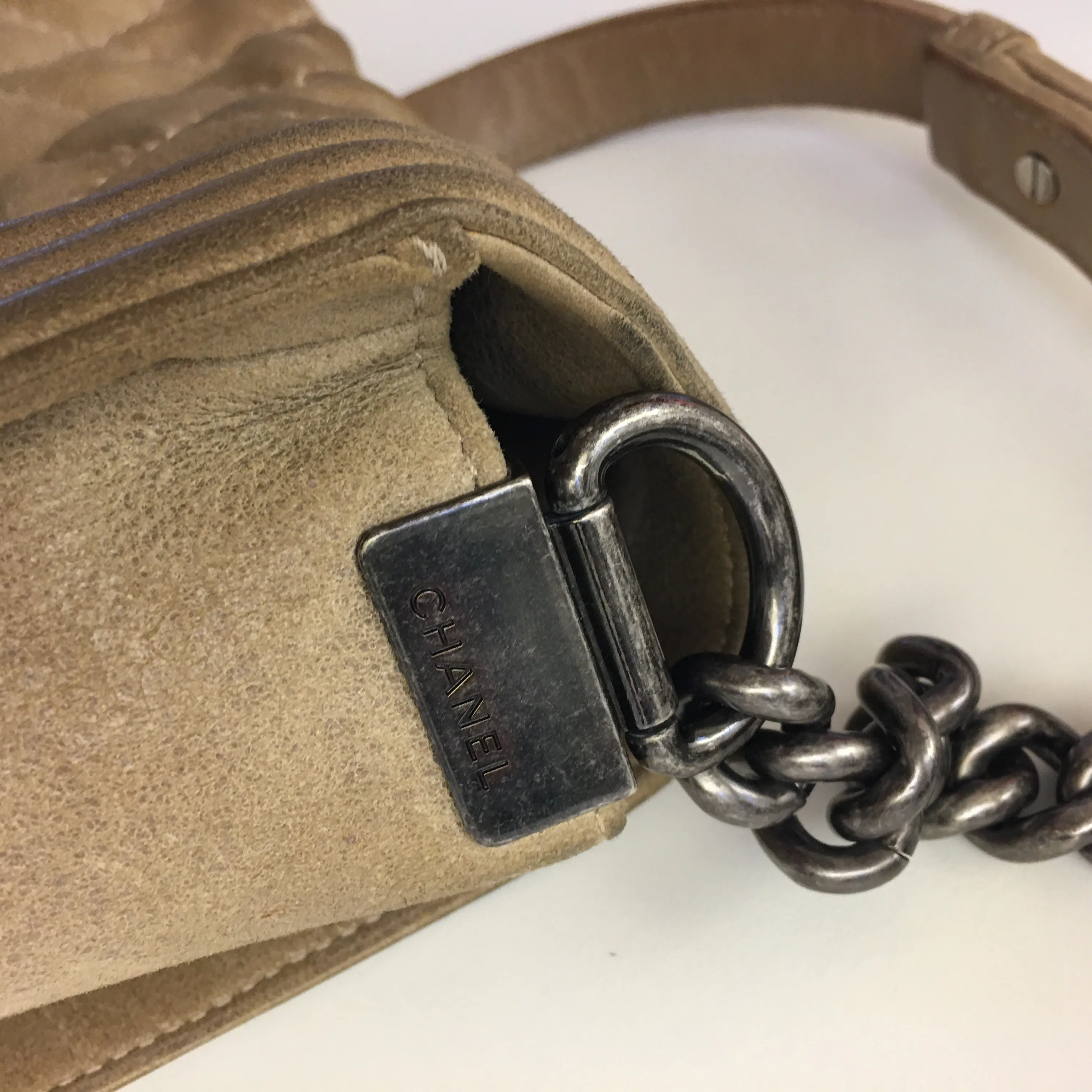CHANEL Boy Shoulder Bag in Beige Suede