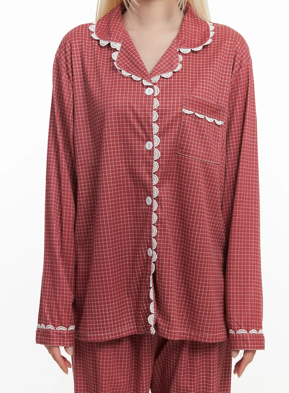 Checkered Lace Hem Pajama Set IM504