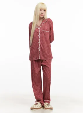 Checkered Lace Hem Pajama Set IM504