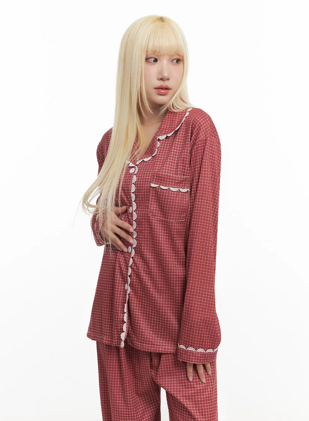 Checkered Lace Hem Pajama Set IM504