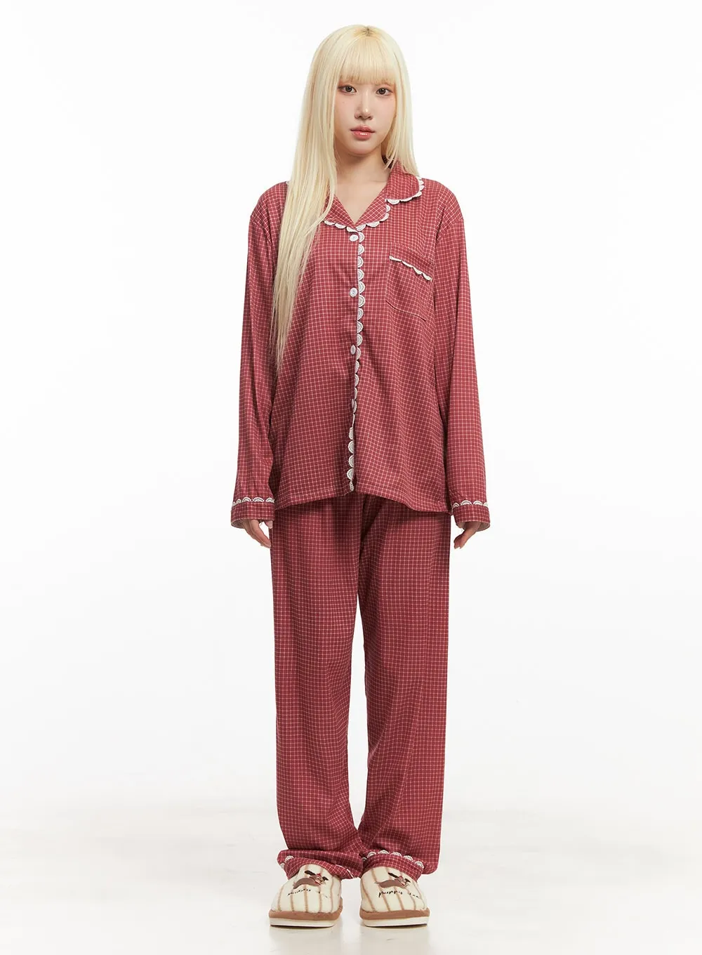 Checkered Lace Hem Pajama Set IM504