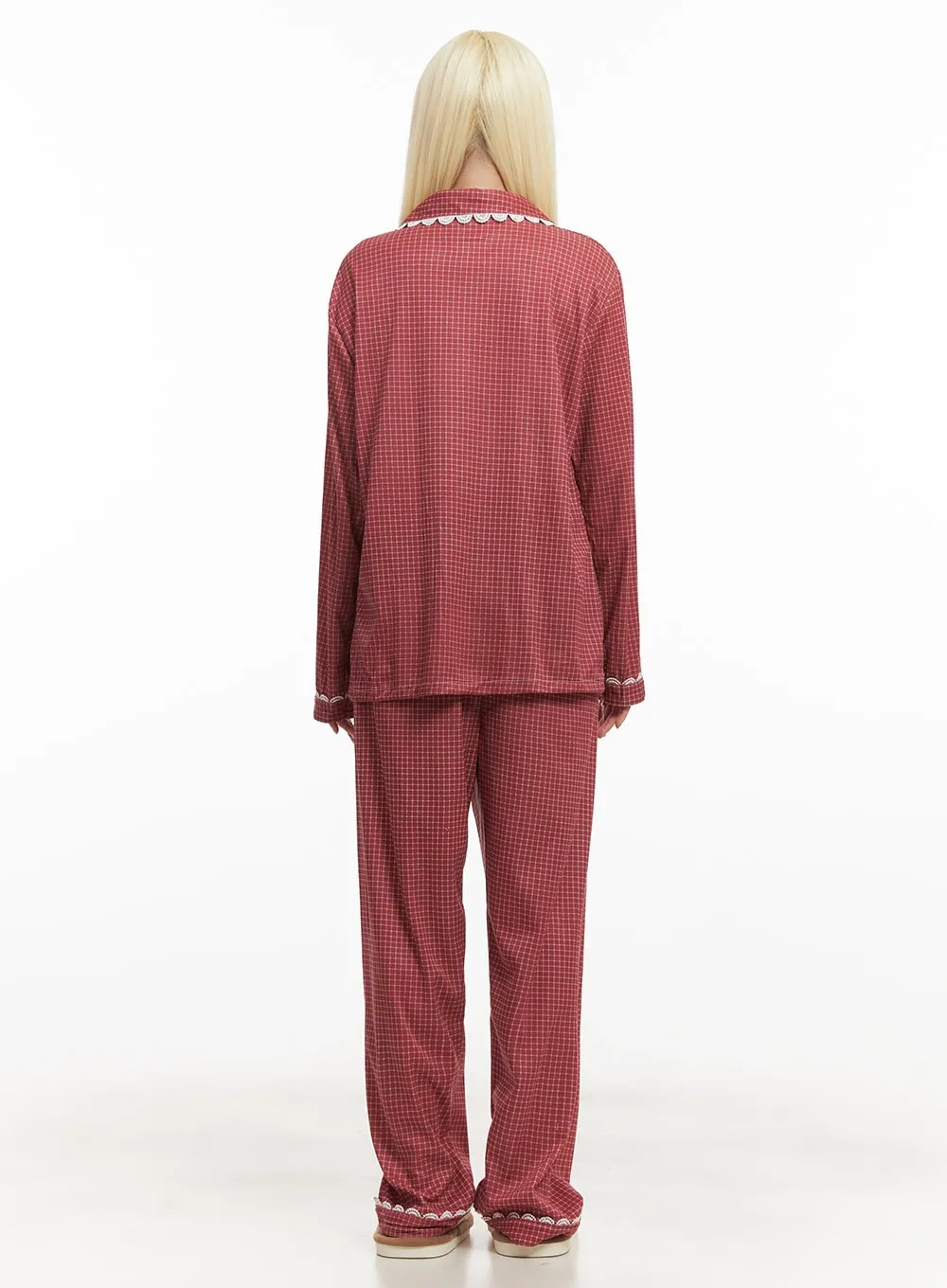 Checkered Lace Hem Pajama Set IM504