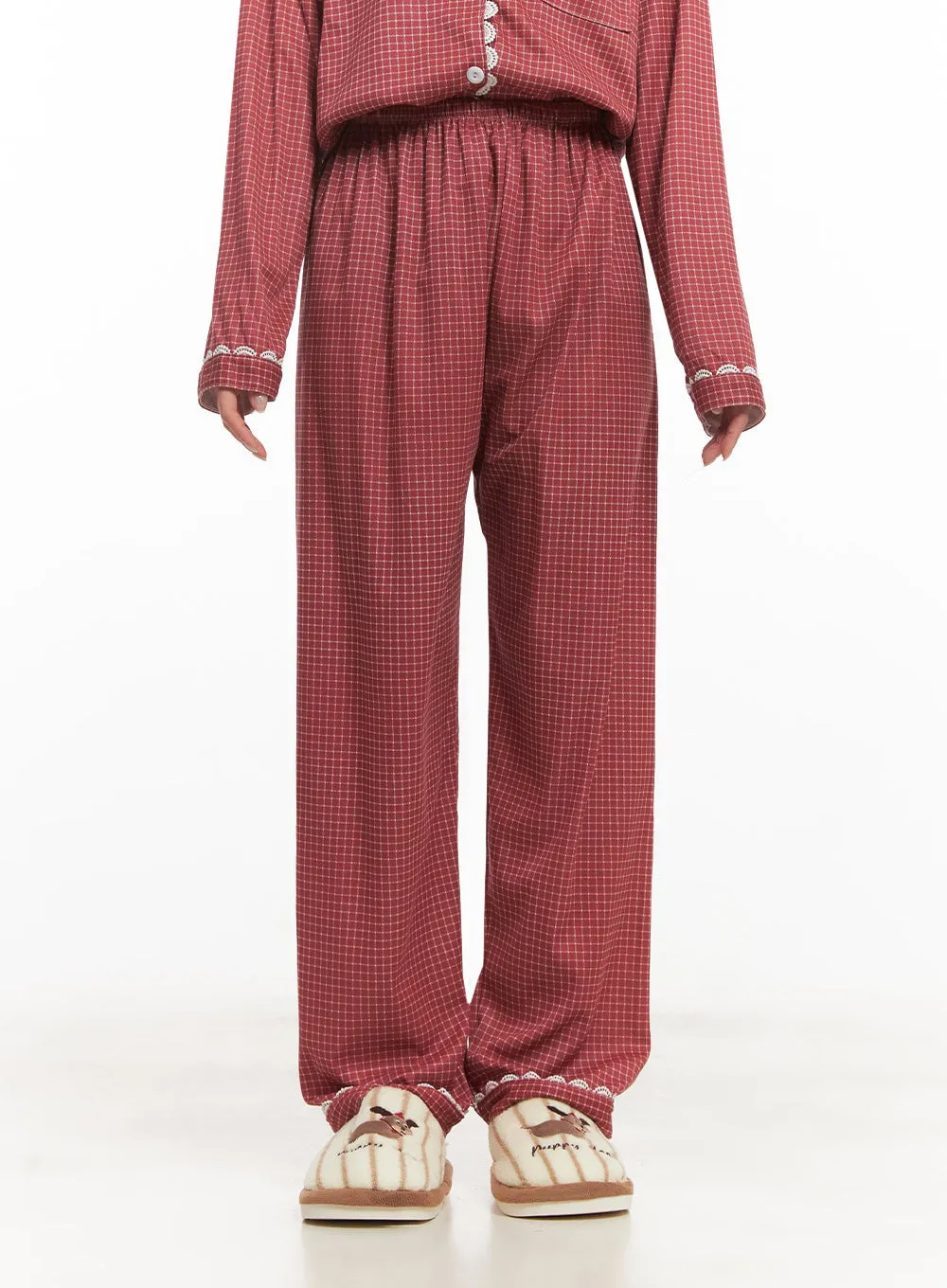 Checkered Lace Hem Pajama Set IM504