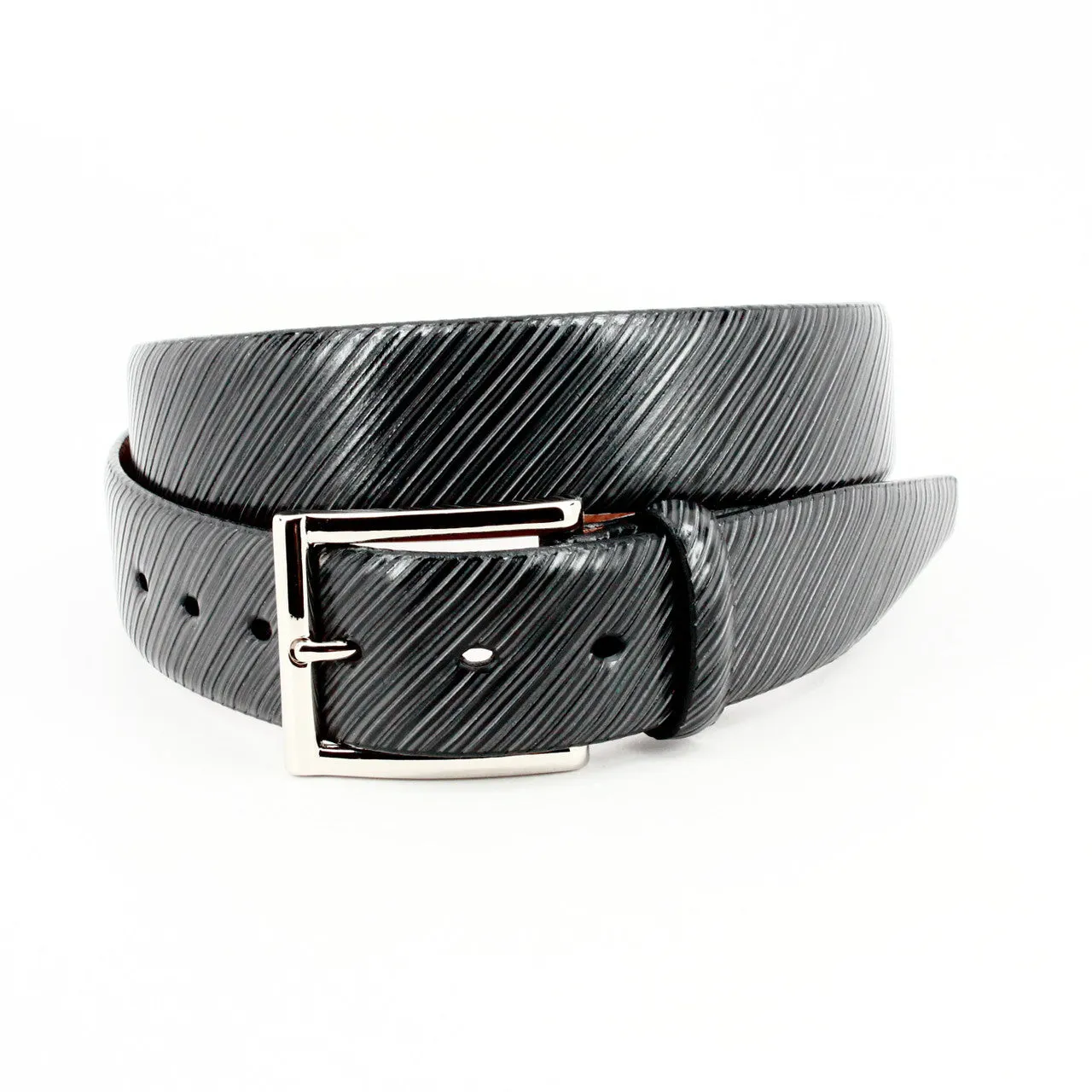Diagonal Etched Italian Calfskin Dress Casual Belt in Black by Torino Leather