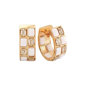 Etho Maria Hand-Carved Ceramic and Brown Diamond Mosaic Checkered Hoop Earrings
