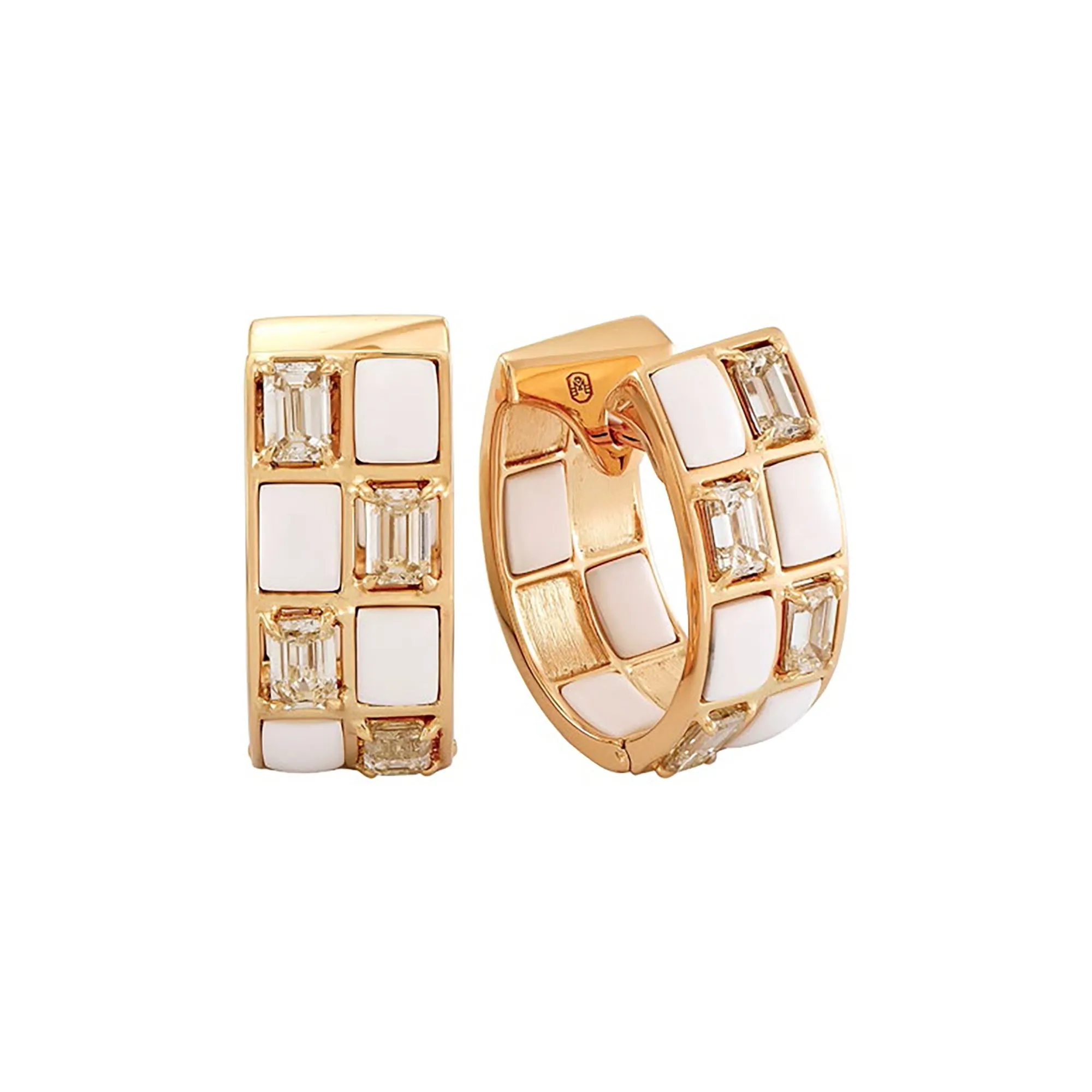 Etho Maria Hand-Carved Ceramic and Brown Diamond Mosaic Checkered Hoop Earrings