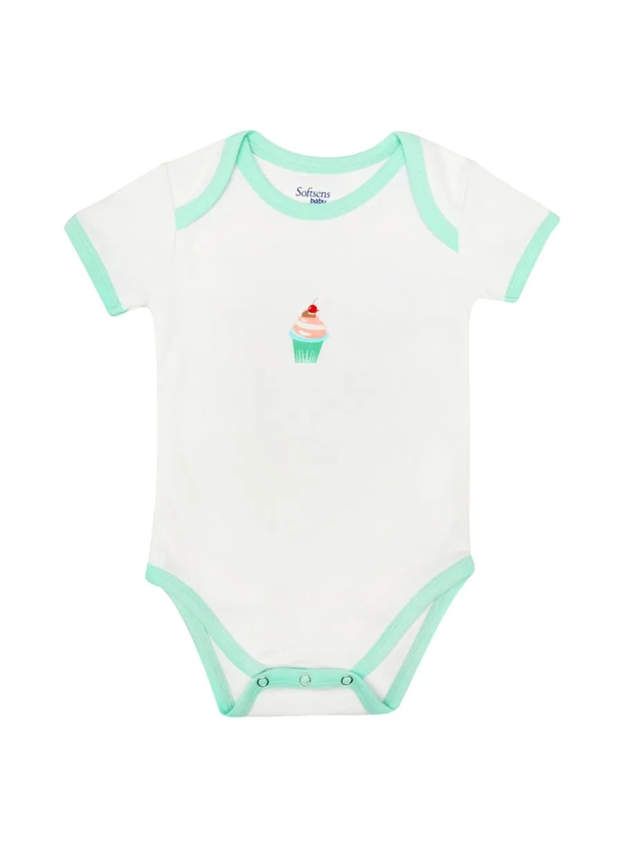 Organic Cotton Bodysuit, White & Mint Cupcake Print, Short Sleeves (0-24 Months)