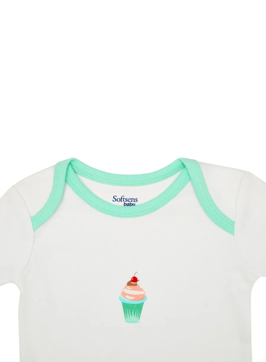 Organic Cotton Bodysuit, White & Mint Cupcake Print, Short Sleeves (0-24 Months)