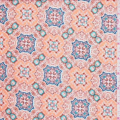 Peach/Turquoise Art Deco Medallion Crepon Fabric