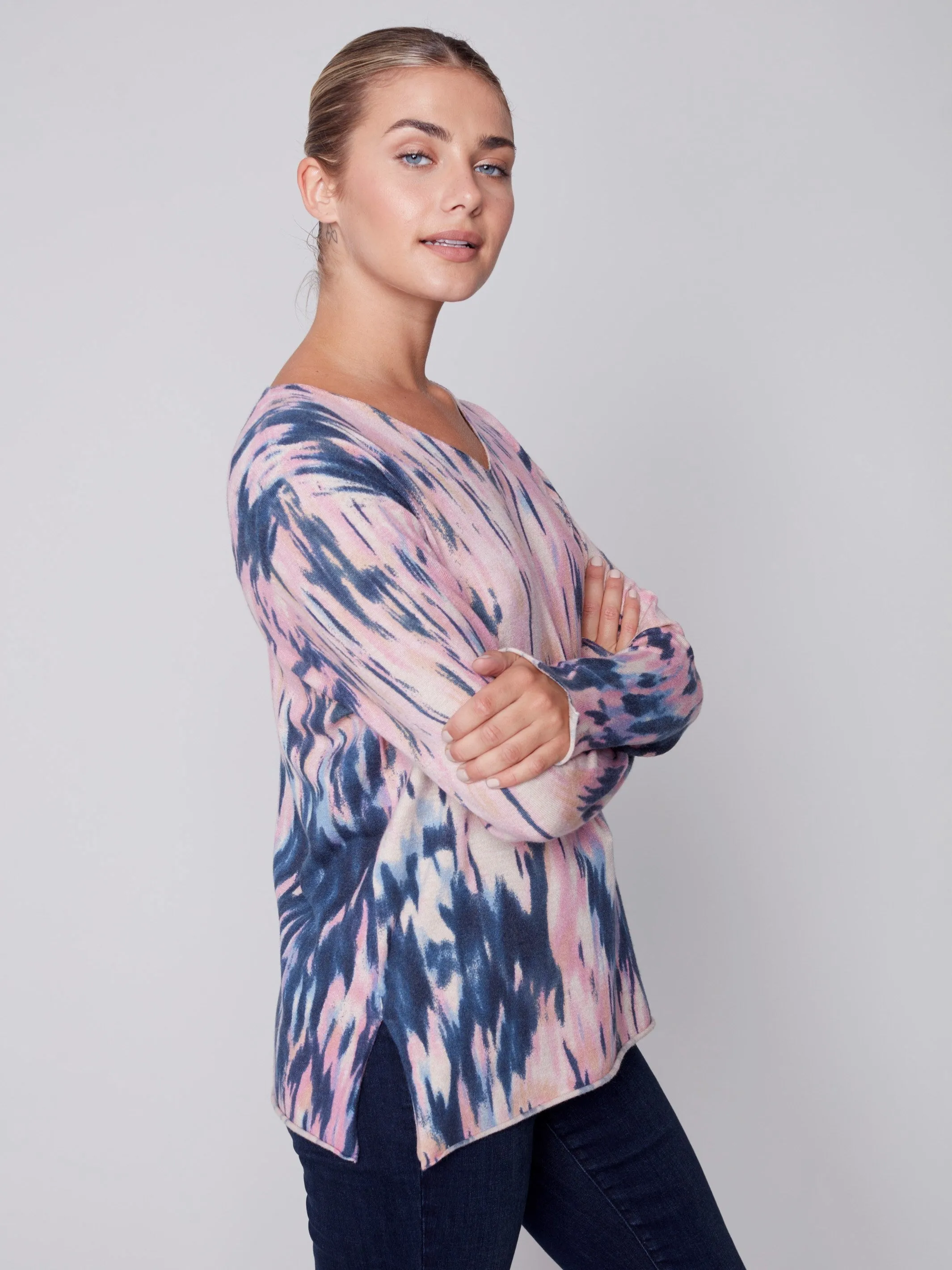 Printed V-Neck Sweater - Pastel