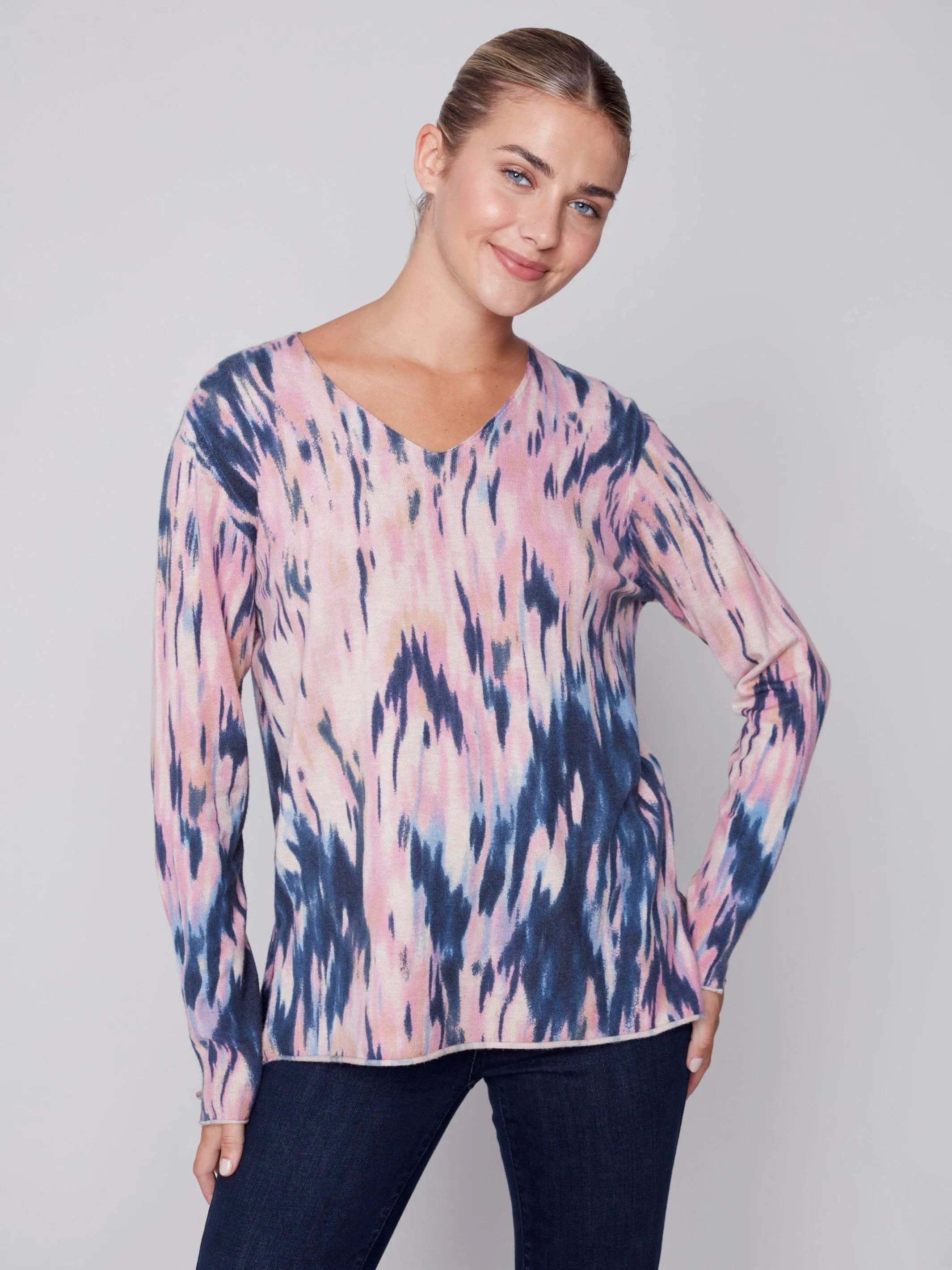 Printed V-Neck Sweater - Pastel