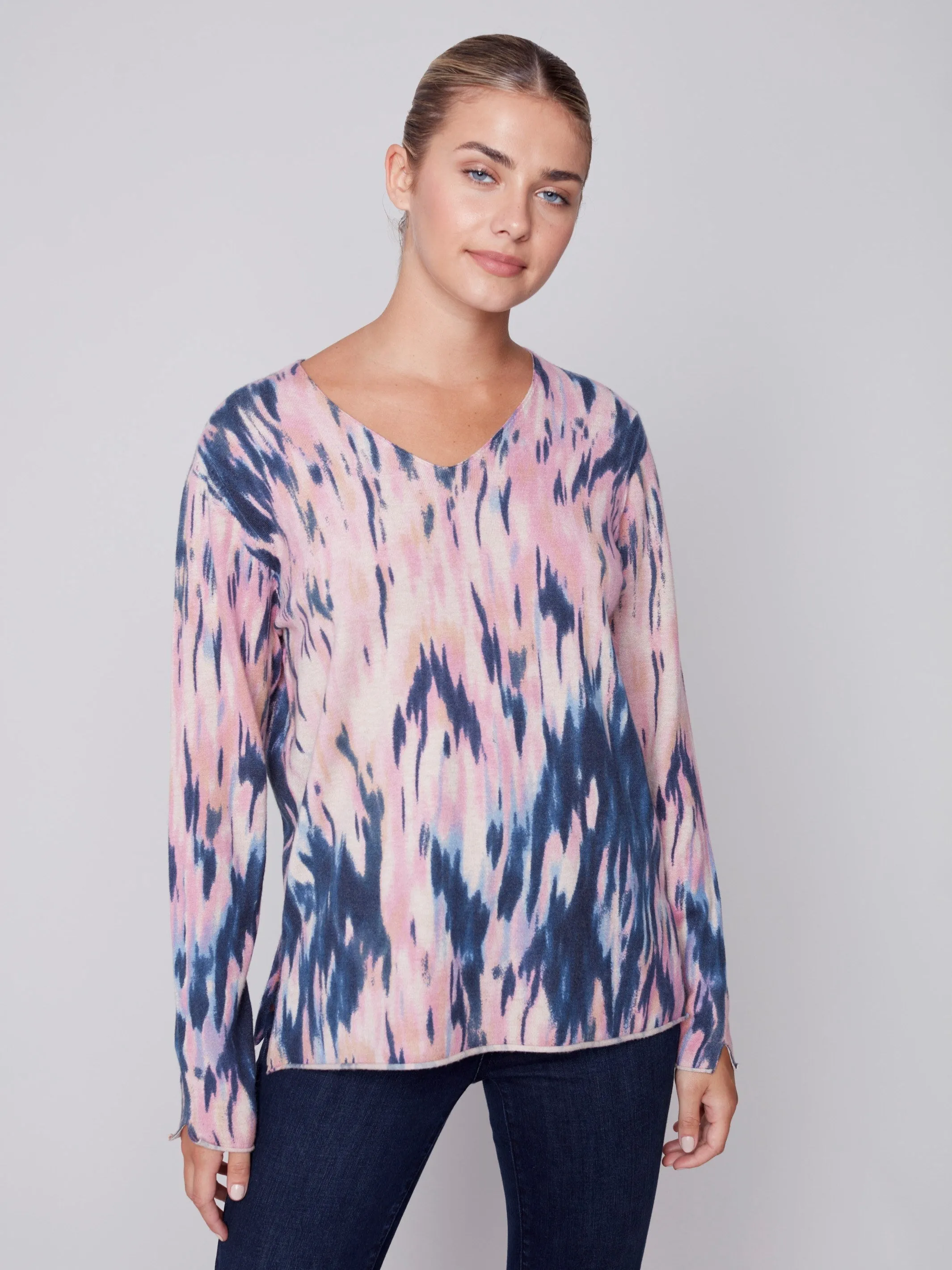 Printed V-Neck Sweater - Pastel